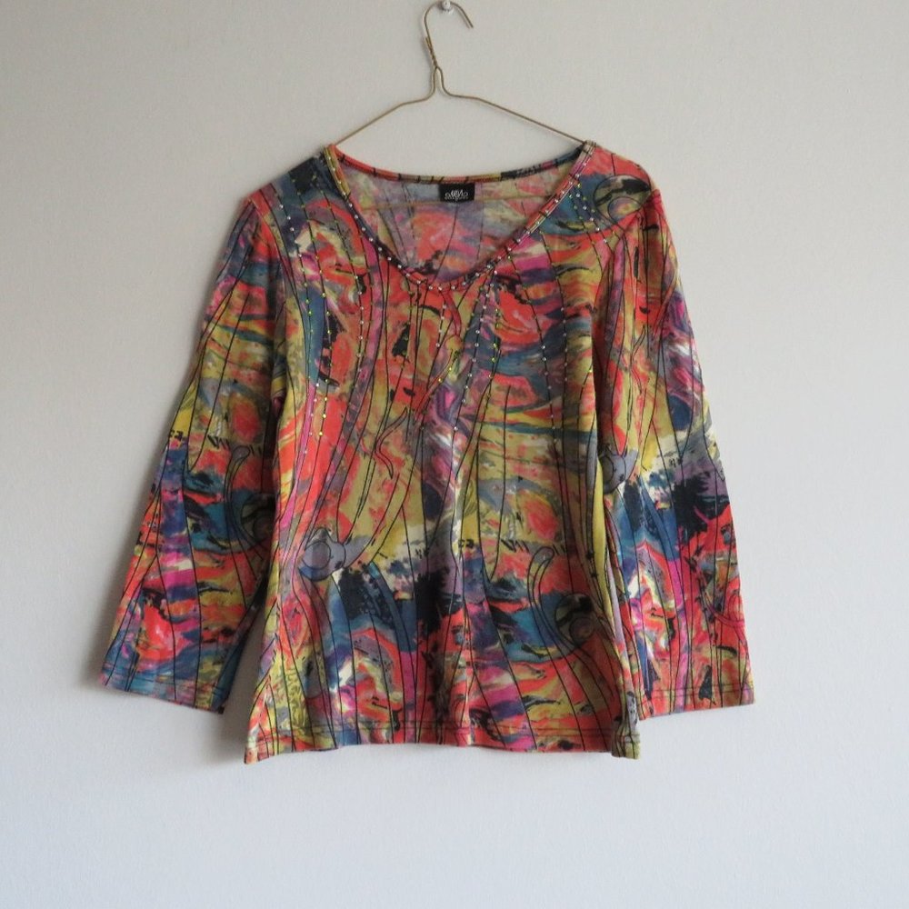 Miss Nikky Knit Top Women’s Abstract Print ¾ Long Sleeves Embellished Top S